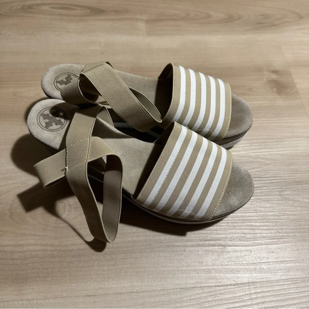 Charleston Shoe Co. Wedge Sandals Women 10 Tan Striped Elastic Platform Casual